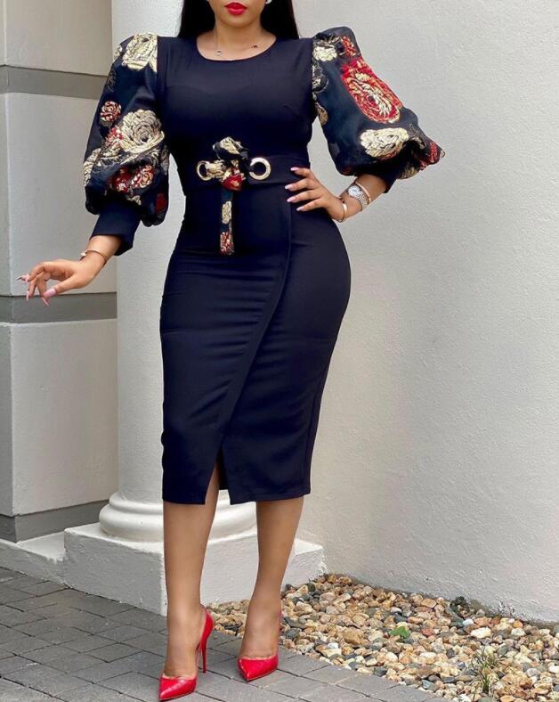 XL / black Autumn Bodycon Bowtie Printing African Women Office Career Dresses