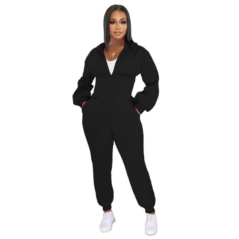 XL / black C1102TA81 Autumn Tendy Casual Hooded Solid Color Sport Two Piece Pants Set Women Sehe Fashion