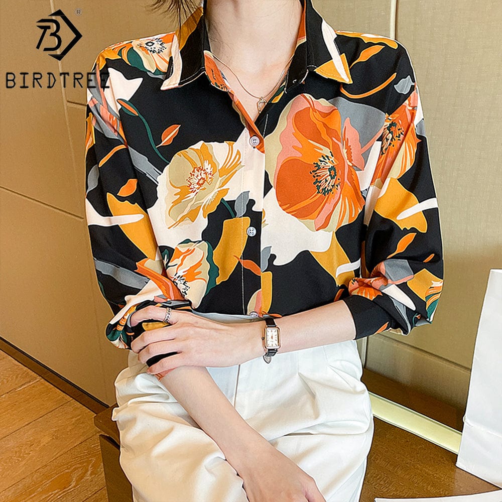 XL / black Chiffon Women Flower Printing Shirt 2022 Autumn PNew Style Long Sleeves Female Cheap Clothes Blouses Tops T27615X