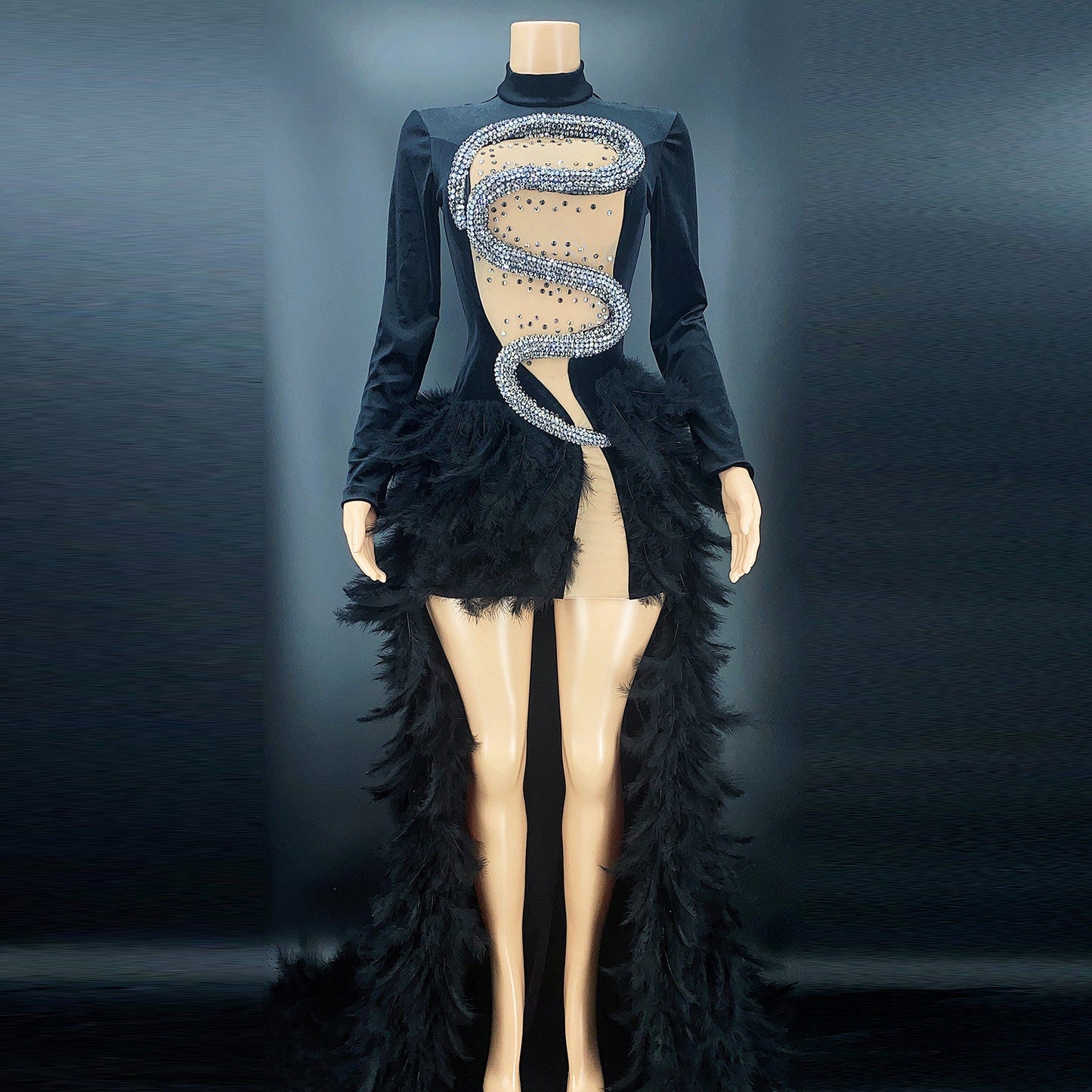 XL / black Clothes Wholesale Suppliers Sparkly Snake Rhinestone Formal Evening Dress Black High Neck Elegant Party Wear Gown For Women