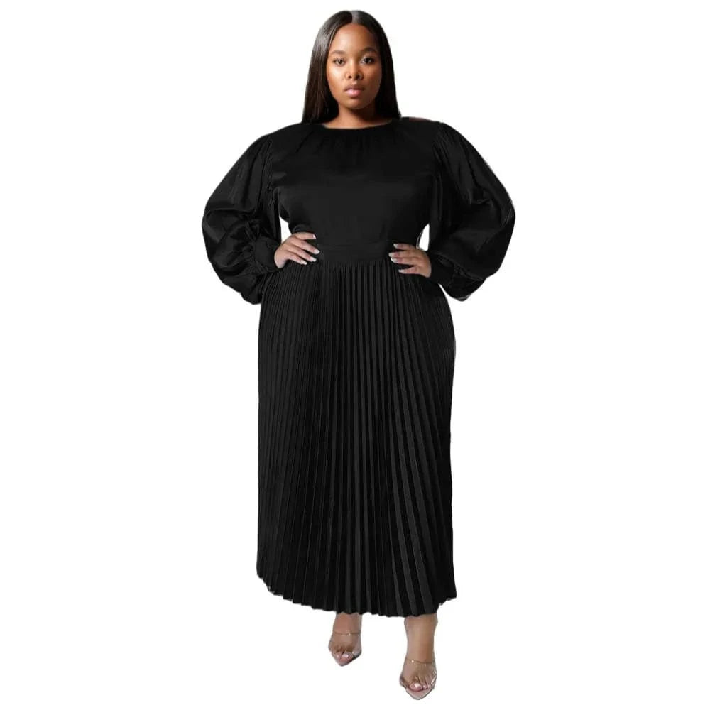 XL / Black E0110ME01 Explosive Models Plus Size Long Sleeve Crewneck Pleated Sexy Maxi Women Dresses Sehe Fashion