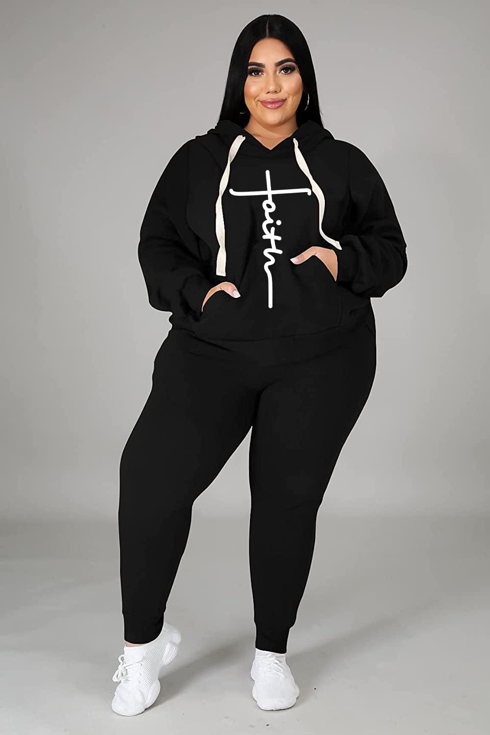 XL / black Fashion 5Xl Plus Size Faith Set 2 Piece Casual Hoodie Sweatshirt And Joggers Fall Outfits 2022 Women Clothing
