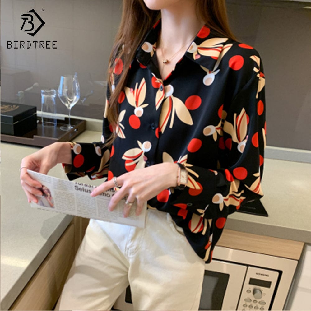 XL / black Fashion Ladies Long Sleeve Dot Printing Shirts Elegant Casual Loose Blouses Career Chiffon Shirt Tops For Spring Autumn