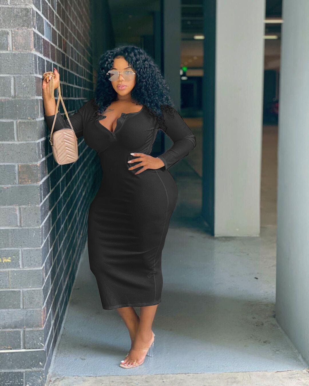 XL / Black FNN-8629 Autumn And Winter Women'S Clothing Sexy Solid Color V-Neck Long-Sleeved Plus Size Women'S Dress
