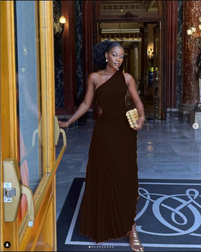 XL / Black Hot selling ladies elegant party long maxi sexy dress sleeveless one single shoulder pleated women's dresses