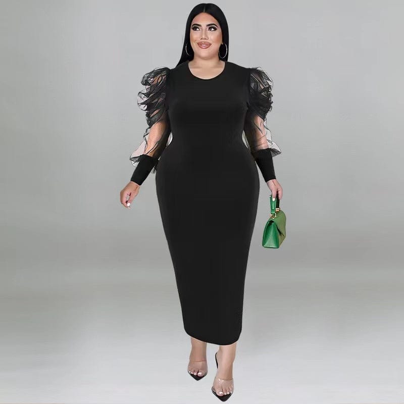 XL / black J&H 2023 new arrivals 5XL plus size office dress mesh sleeve design elegance bodycon dress fall fashion casual dresses