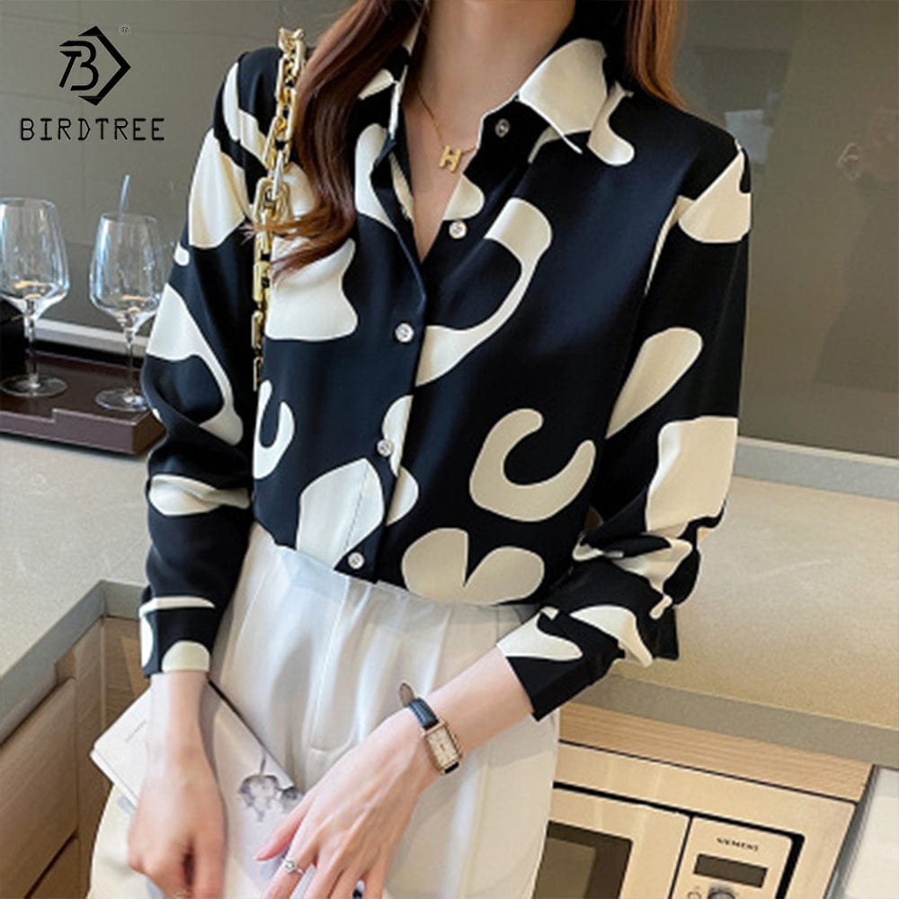 XL / black New Autumn Women's Long Sleeve Floral Printing Shirts Elegant Casual Blouses Chiffon Shirt Tops For Spring