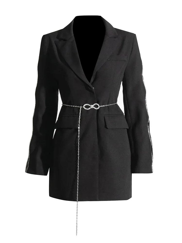 XL / Black OUDINA New Fashion Style Hollow Out Rhinestone Sleeves Pearl Belt Slim Suit Blazer Women 2023