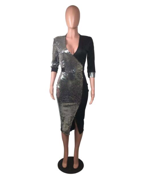 XL / black Polyester Patchwork Three Quarter Sleeve Sequined Women Cocktail Dress