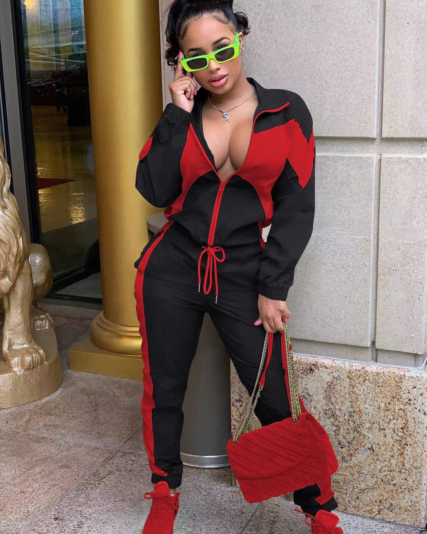 XL / Black Red Sharee spring 2023 women s clothing Contrast Color female sweatsuits ladies track suit 2 piece set