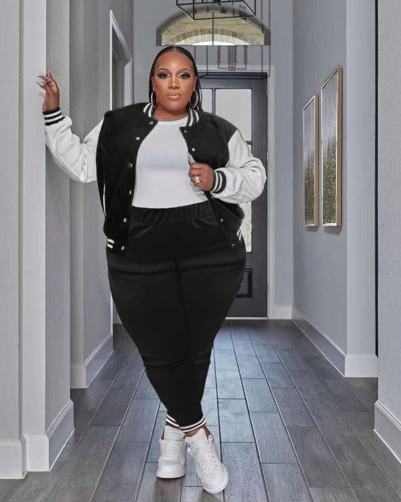 XL / black Trendy Women Clothes Plus Size Double Thread Baseball Uniform Two Pieces