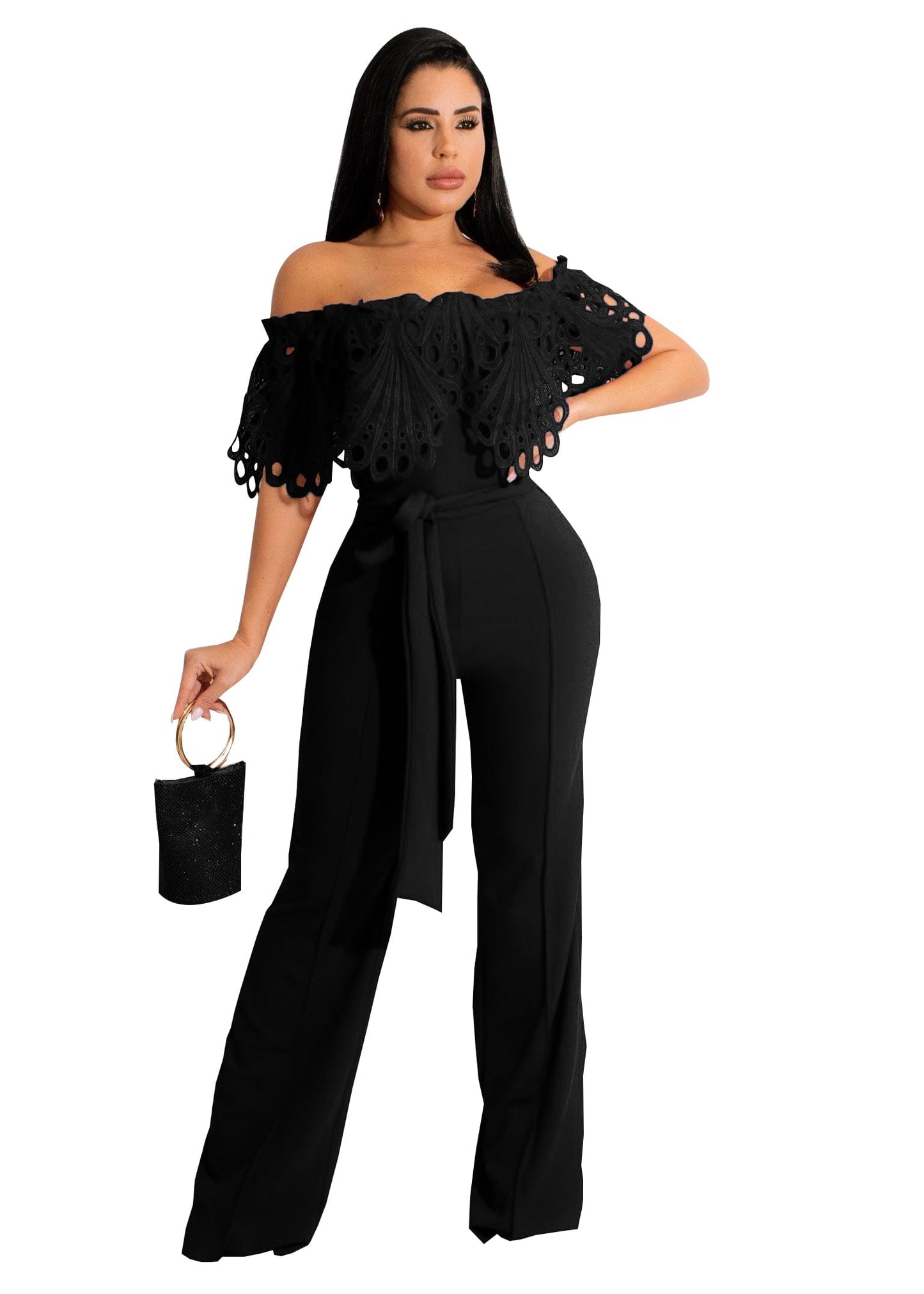 XL / black Trendy Women Clothes Women Slim Ruffle Off Shoulder Short Sleeve Solid Long Pants Jumpsuit with Belt Beauty Forever