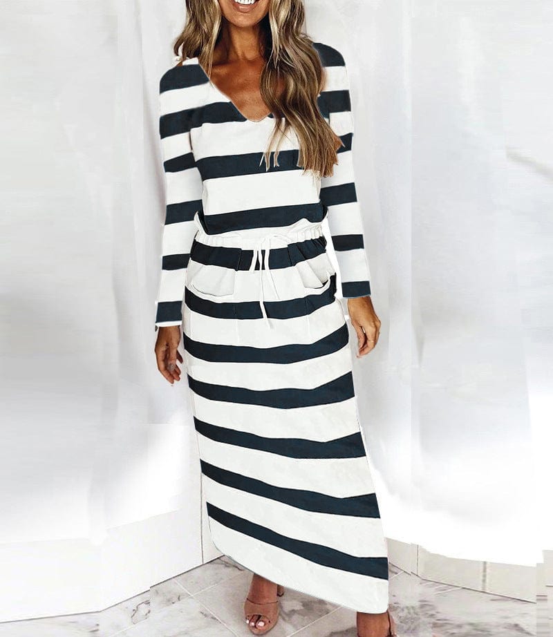 XL / black V-neck loose print striped long-sleeved dress