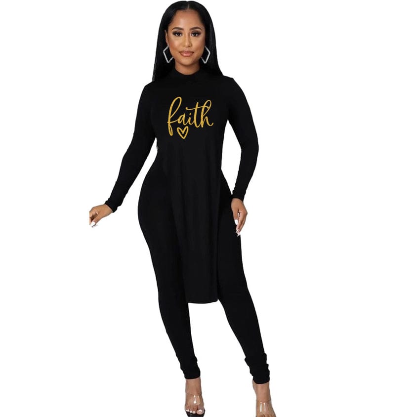 XL / black Woman Top Fashion Casual Printed Split Joint Slit O Neck Long Sleeve Two Pieces