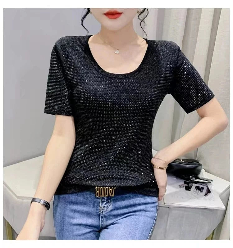 XL / Black Women Summer Clothing Bling Bling Rhinestone T-shirts Women Black Silver Diamond T-shirts