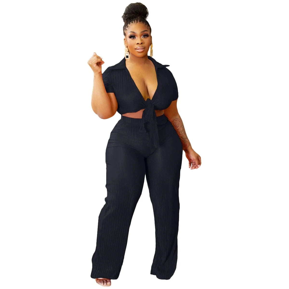 XL / Black Y1897 Women Lace-Up Crop Top and Pleated Wide-Leg Pants Two-Piece Set