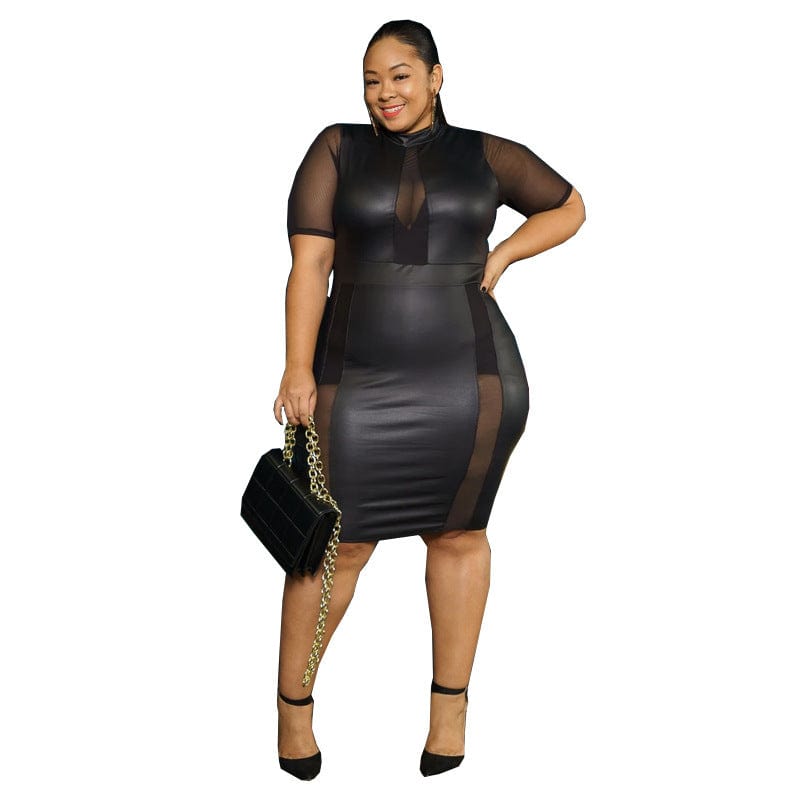XL / Black Z74625 New arrival Sexy Plus Size PU leather dresses See through Mesh Patchwork Dress