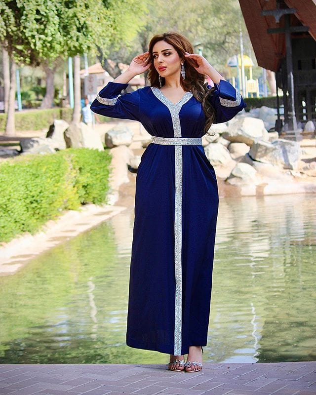 XL / Blue AB012 Tunic With Diamond Girdle Abaya Hijab Muslim Long Dress For Women
