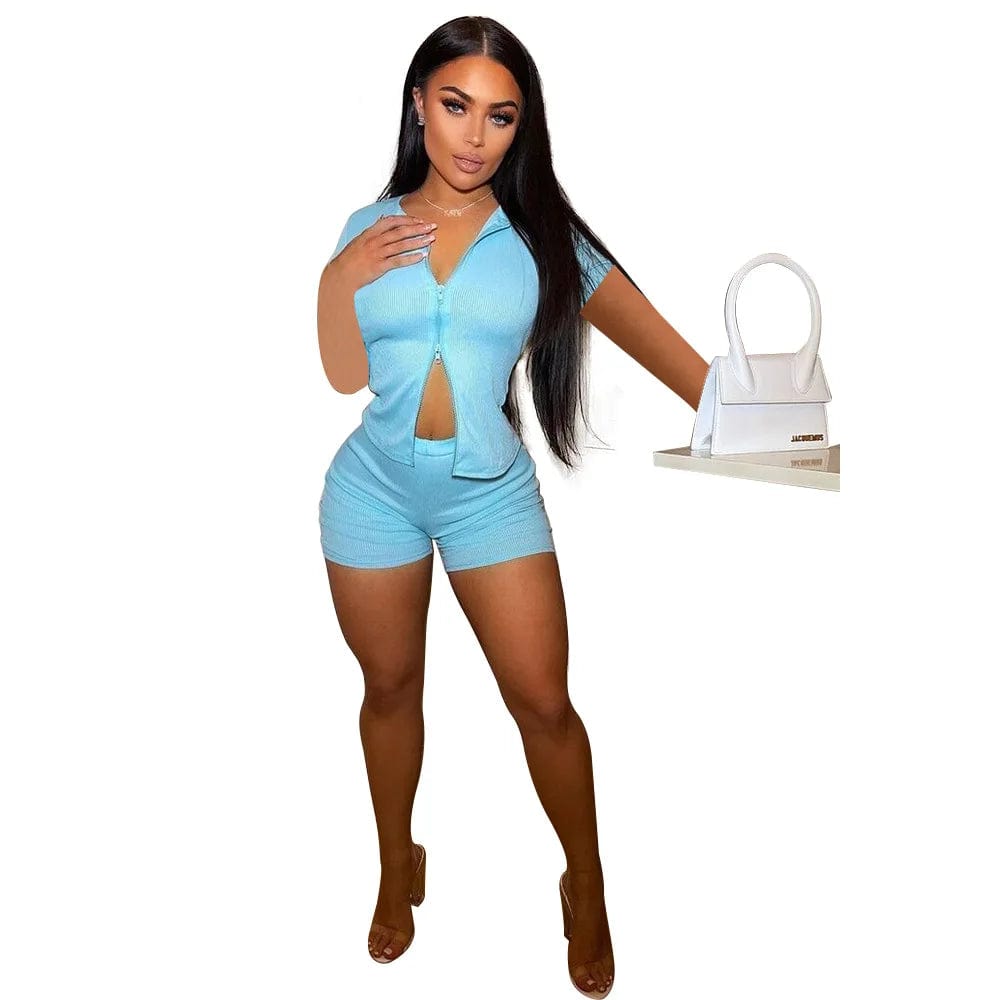 XL / Blue Girl Summer Casual Sweat Ribbed Two Piece Short Set Women Clothing Zip Up Outfits Sexy Ladies Biker Shorts 2 Piece Outfits