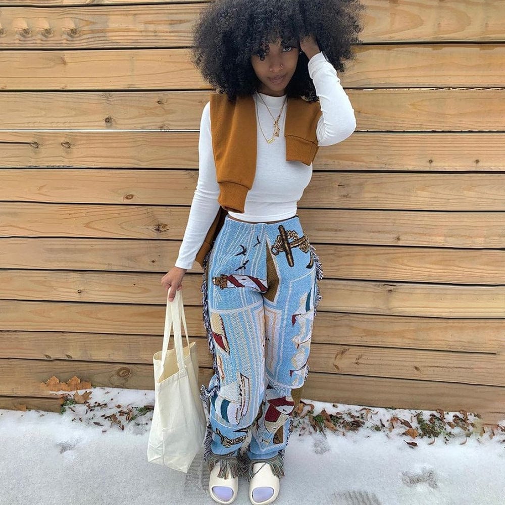 XL / Blue Hot Sale New Fashion Color Pattern Print Long Trousers White Pants Women Fringe Tassel Casual Pants