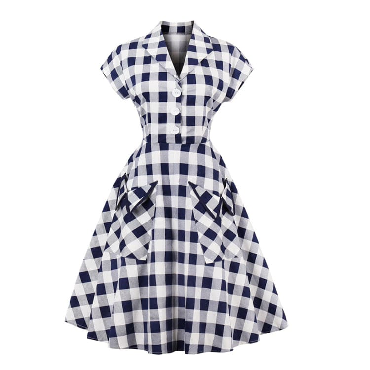 XL / Blue Hot Sales Summer Short Sleeve V-neck Vintage Button Dresses Women's Blue Casual A-line Knee-length Plaid Dress With Pocket