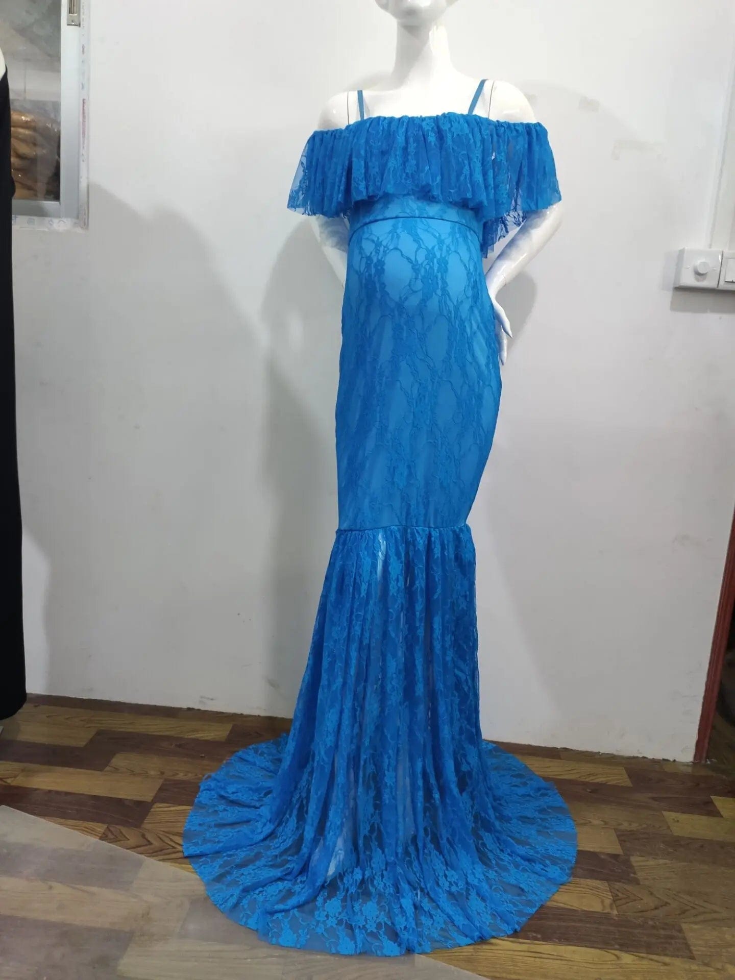 XL / Blue Lace Maternity Ruffle Long Maternity Dresses Photography Pregnant Floor Dress Wedding  Off-shoulder Plus Size White Purple Ball