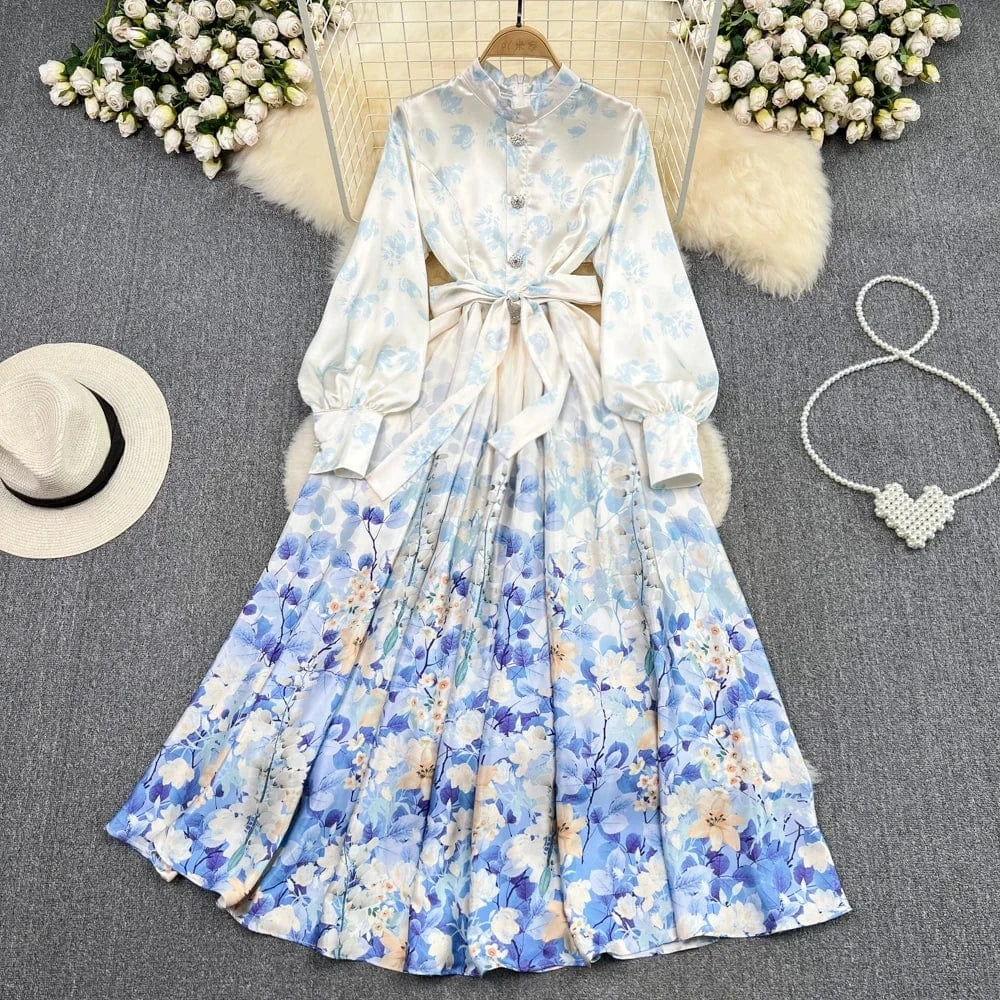 XL / Blue New 2024 Korean Chic Long Sleeve Sweet Floral Print Dress Women Casual Dresses Clothing