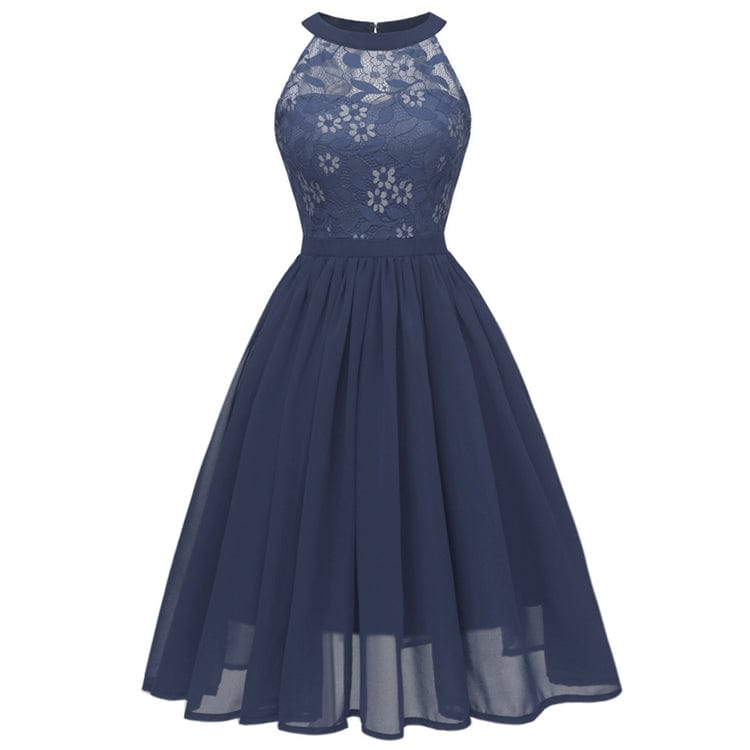 XL / Blue New Style Summer Sleeveless Lace Embroidery woman Dress Halter Neck Dress Knee-length Ruched Bridesmaid Dresses With Zipper