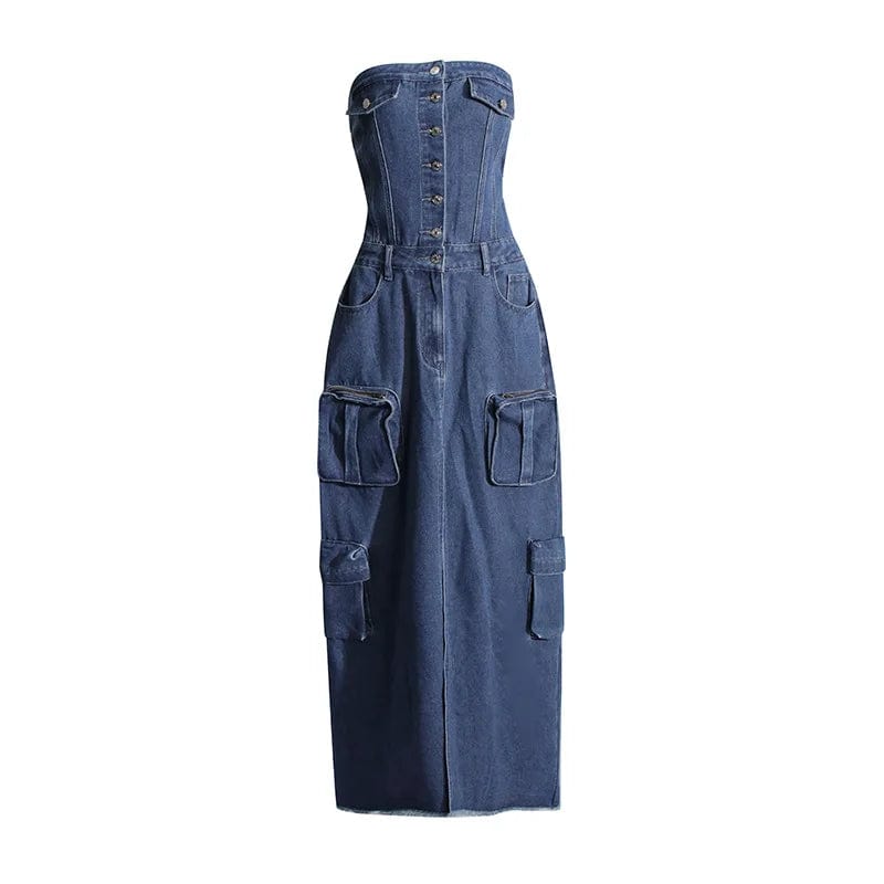 XL / Blue OUDINA Hot Girl Women's Denim Dresses 2024 New Stitching Pocket Waist Slimming Tube Long Dress For Women