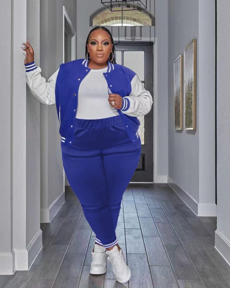 XL / Blue Trendy Women Clothes Plus Size Double Thread Baseball Uniform Two Pieces