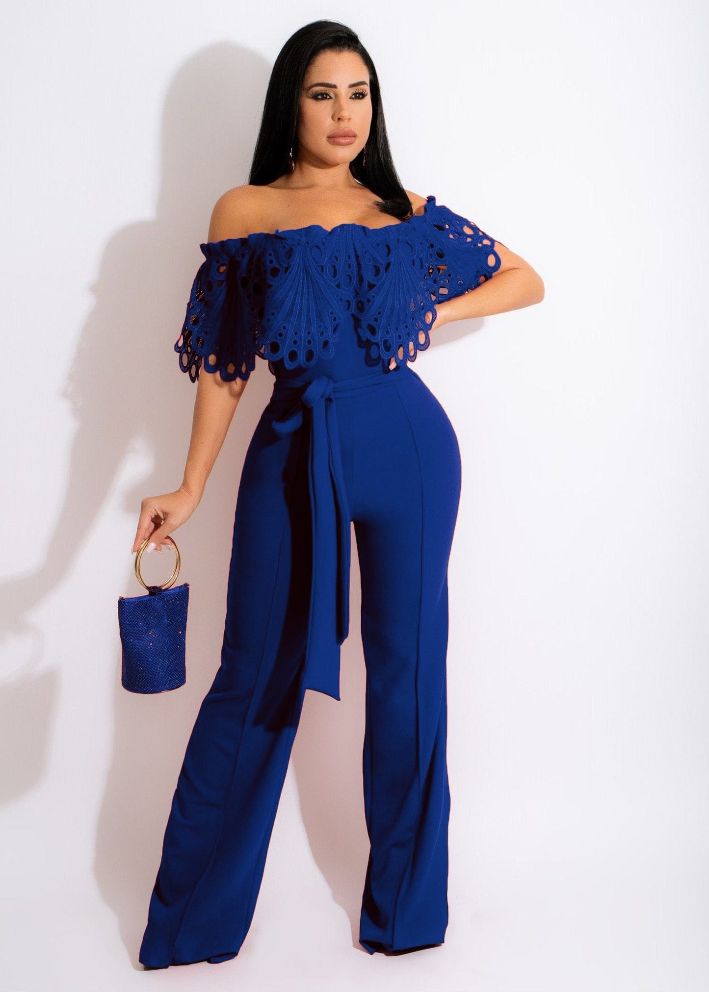 XL / Blue Trendy Women Clothes Women Slim Ruffle Off Shoulder Short Sleeve Solid Long Pants Jumpsuit with Belt Beauty Forever