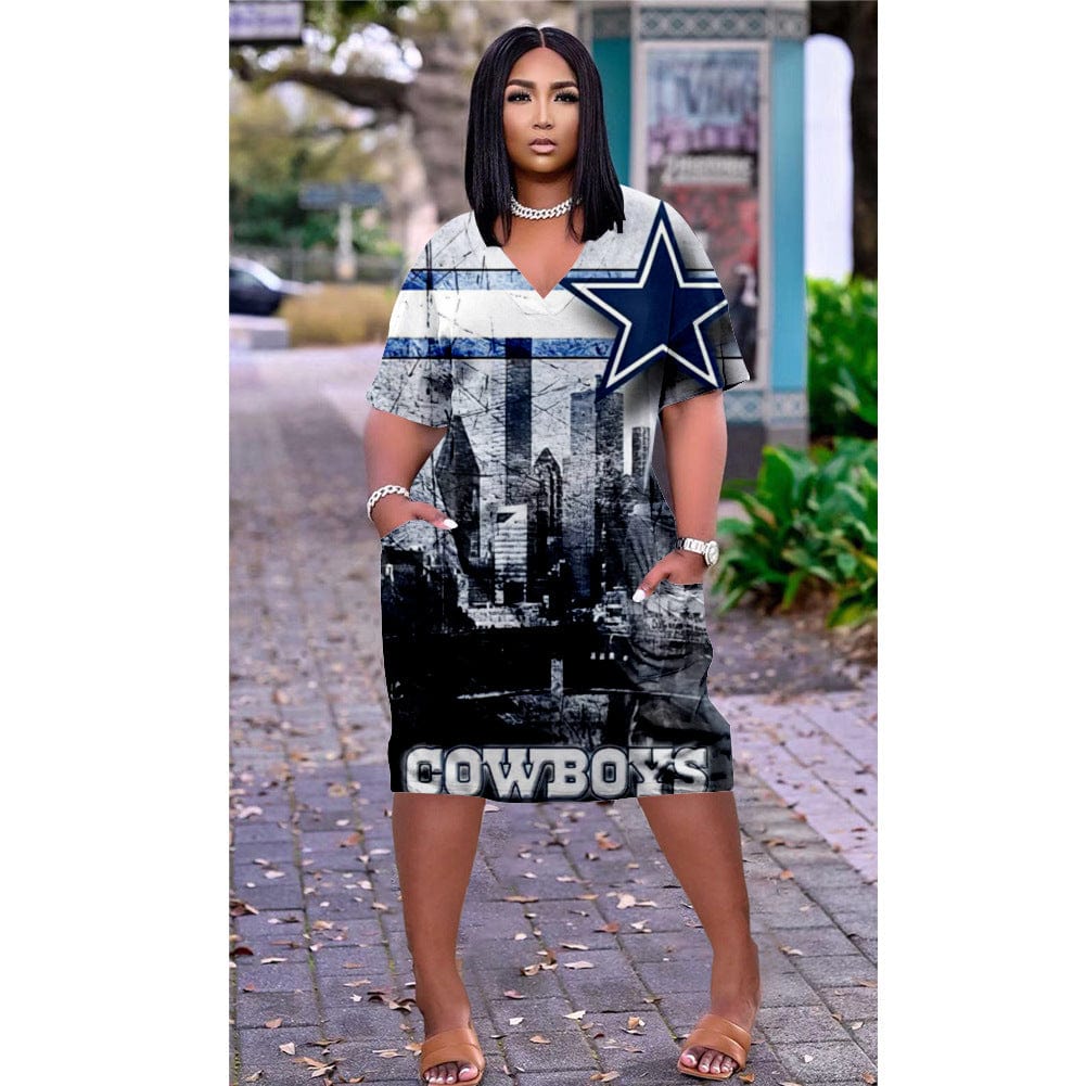 XL / Blue White Z100217 Plus size summer dress with Pocket short Sleeves Print V Neck Straight loose Dresses