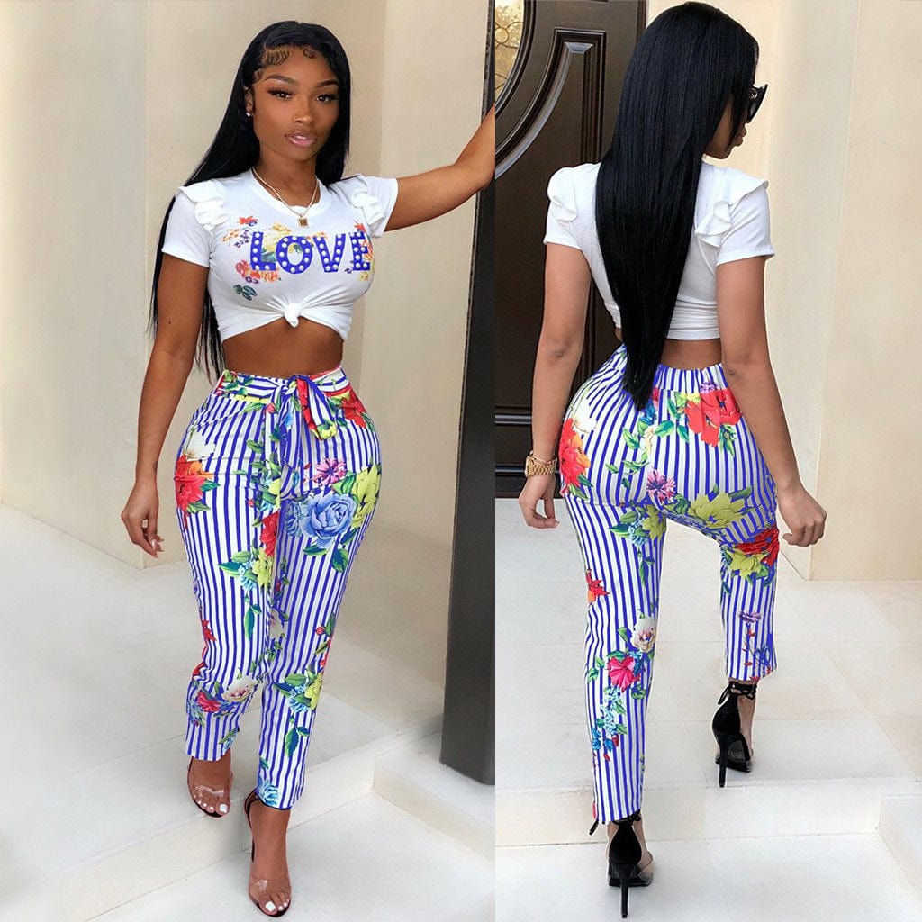 XL / Blue Z97988 Plus Size Casual flowers Print Short Sleeve Pencil pants set women two piece