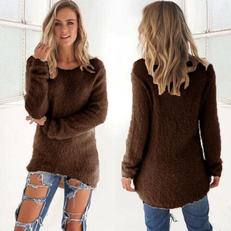 XL / Brown 2022 Fall Fashion Ladies Solid Color Fleece Loose Sweater Top Women Winter Crewneck Long Sleeve Pullover Warm Sweaters for Woman