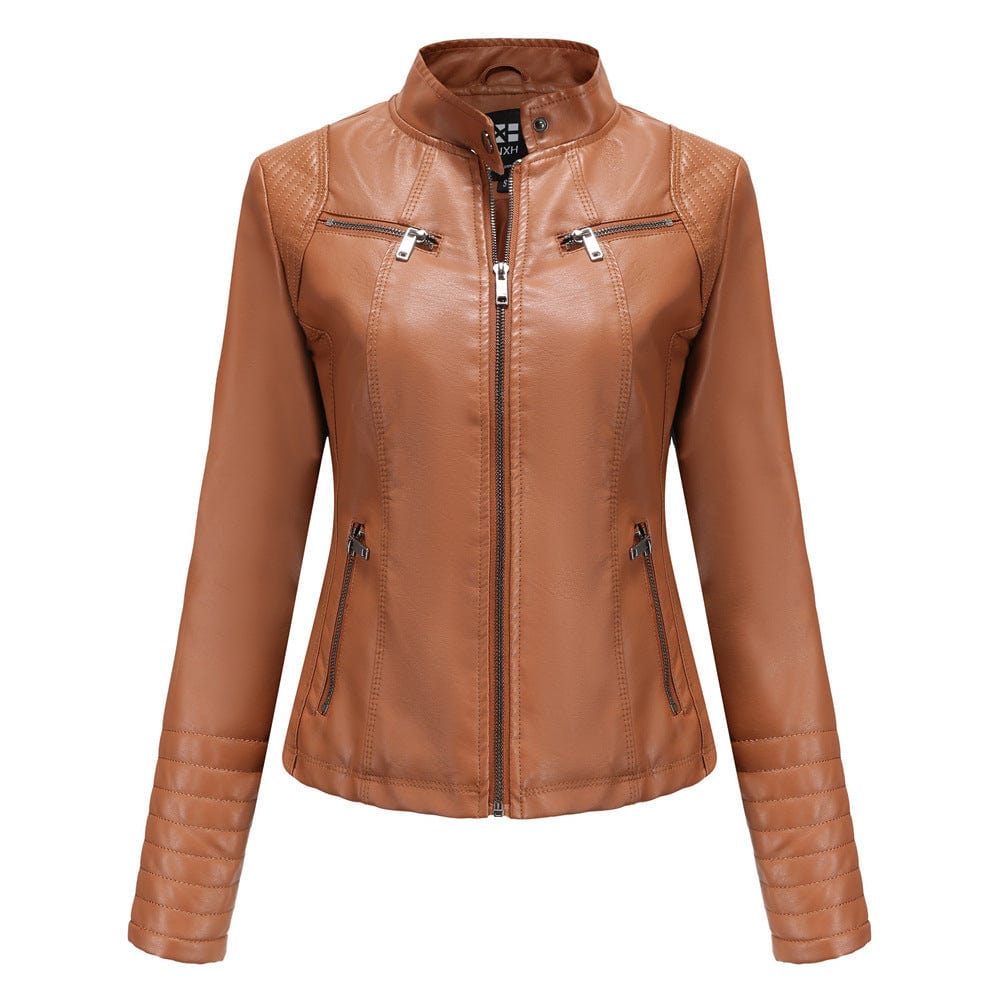XL / Brown PDEP fashion designer women high quality pu leather jacket for women plus size moto biker jacket for ladies