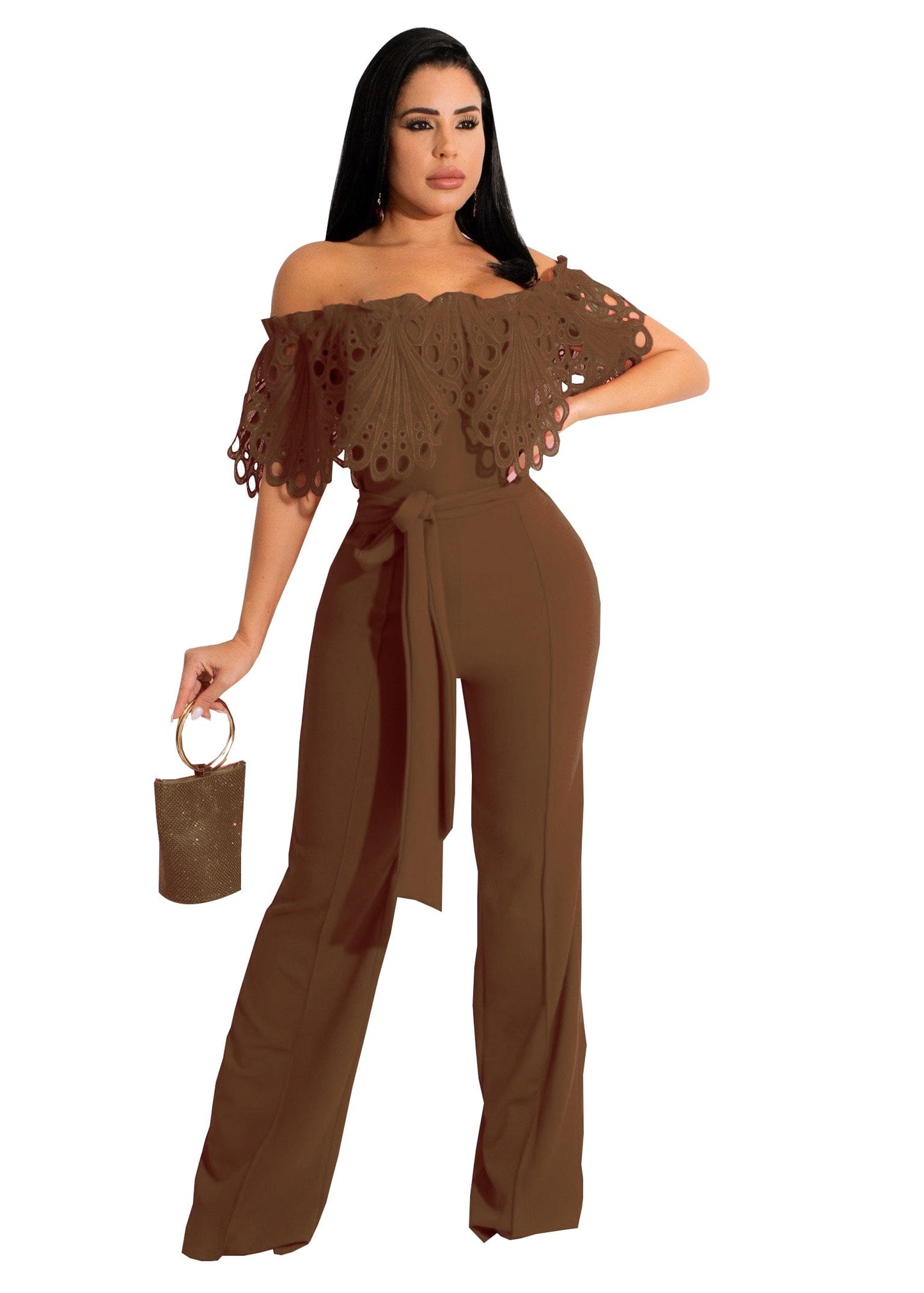 XL / Brown Trendy Women Clothes Women Slim Ruffle Off Shoulder Short Sleeve Solid Long Pants Jumpsuit with Belt Beauty Forever