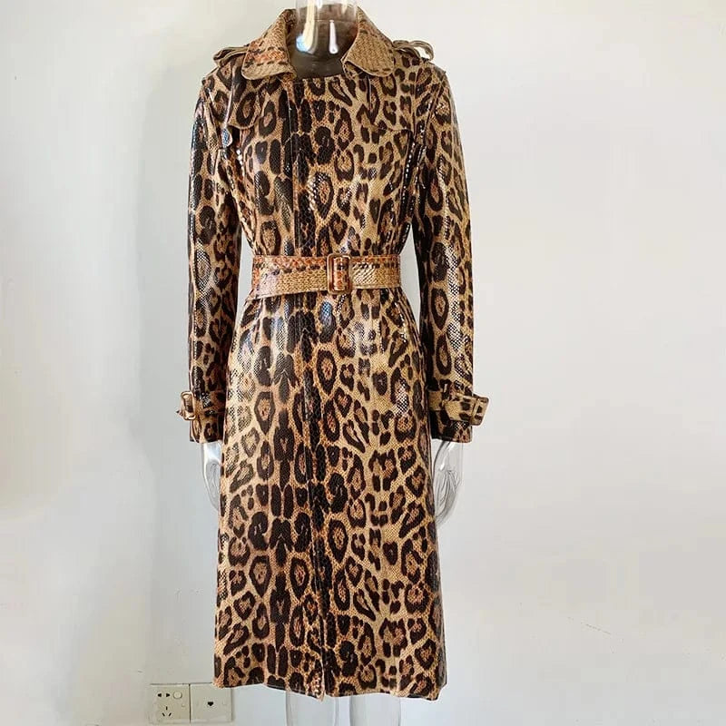 XL / Brown VIntage Fall High Quality Ladies Belted Long Leopard Print Faux Leather Jacket Trench Coat Women