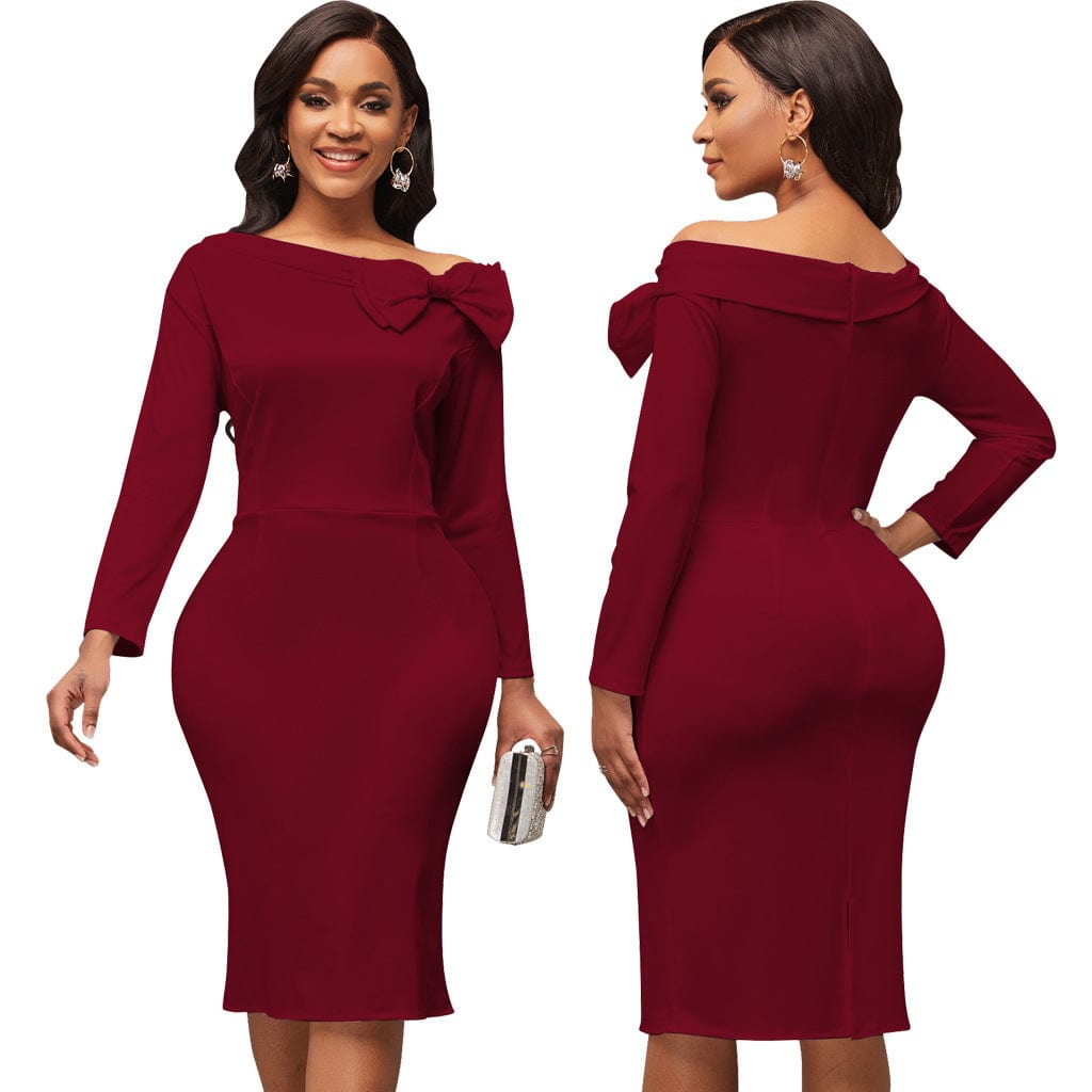 XL / Burgundy C1103TA29 Office Stylish Elegant Solid Color Bow Bodycon Autumn Dress For Ladies Sehe Fashion