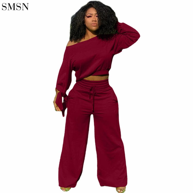 XL / Burgundy High Quality Solid Color Long Sleeve And Fleece Loose Trouser Suit Two Piece Pants Set Women