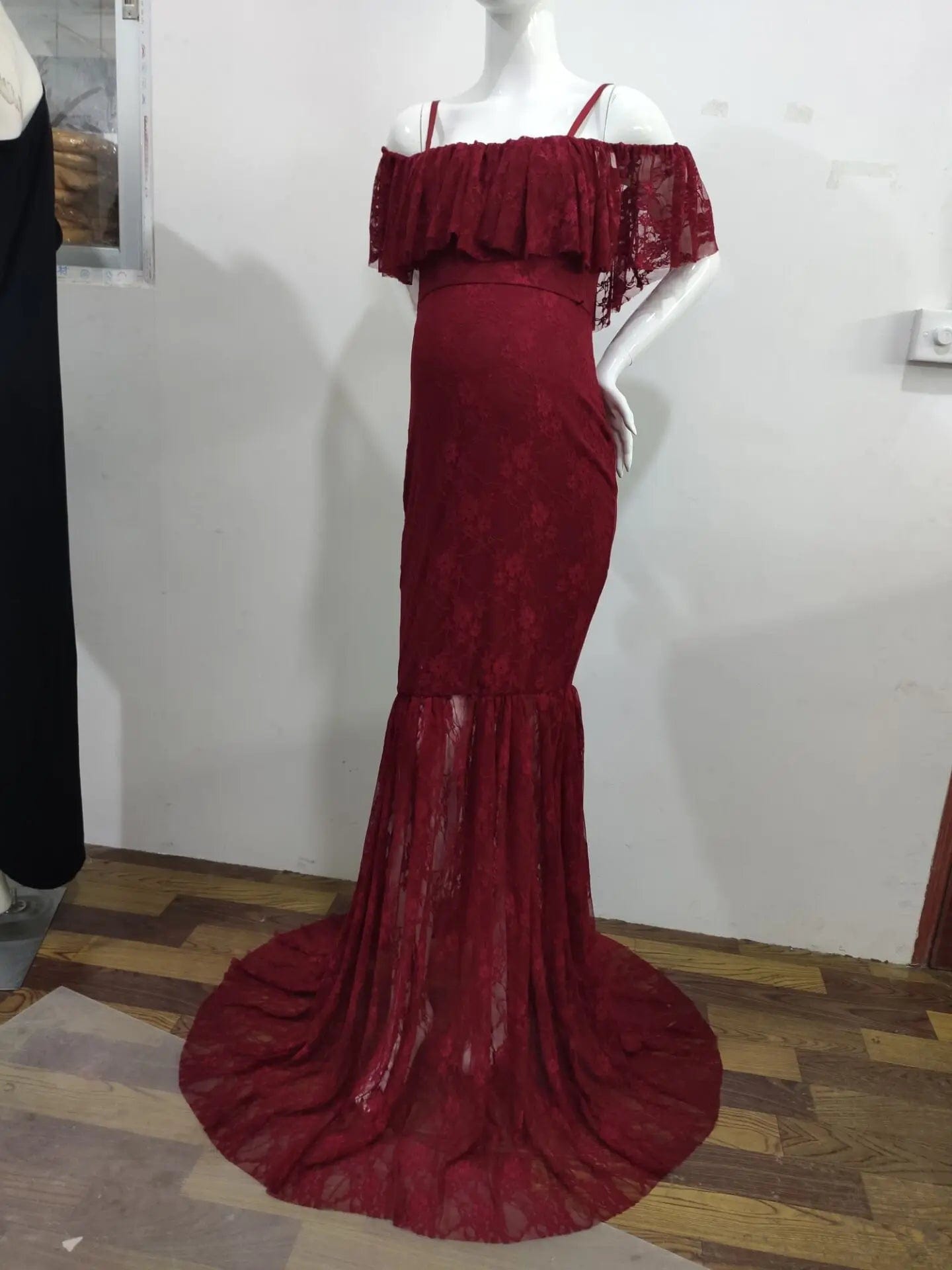 XL / Burgundy Lace Maternity Ruffle Long Maternity Dresses Photography Pregnant Floor Dress Wedding  Off-shoulder Plus Size White Purple Ball