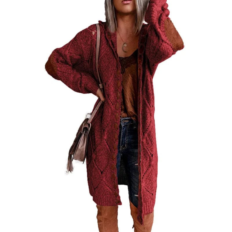 XL / Burgundy New Streetwear Patchwork Hooded Sweaters Colorblock Knitwear Long Sleeve Cardigan Women Sweater Jacket Plus Size 5xl