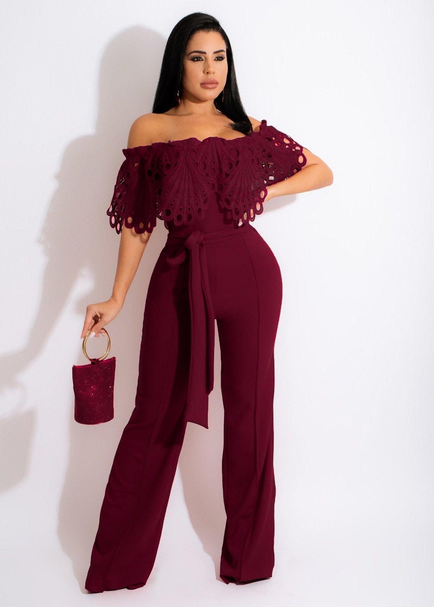 XL / Burgundy Trendy Women Clothes Women Slim Ruffle Off Shoulder Short Sleeve Solid Long Pants Jumpsuit with Belt Beauty Forever