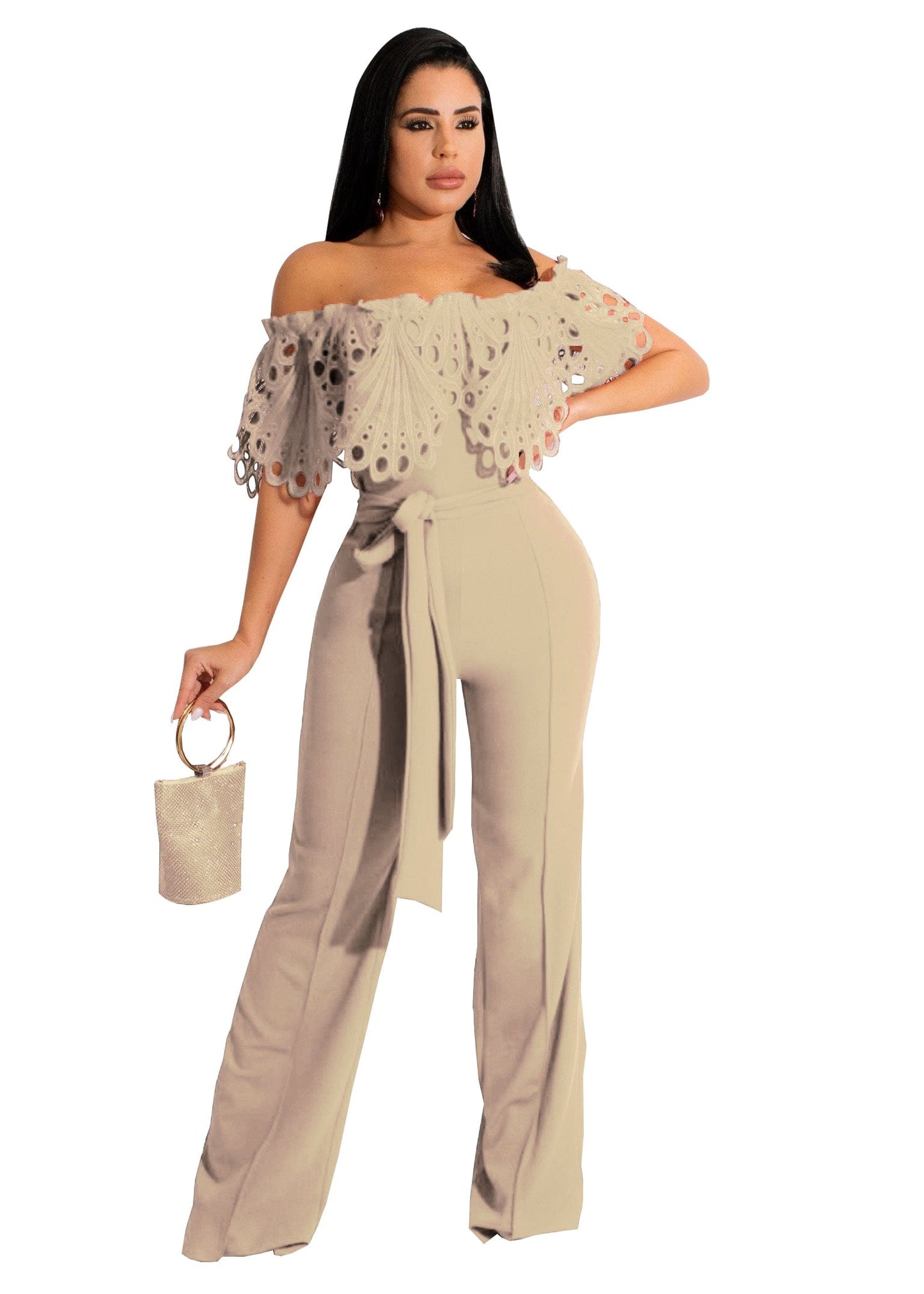 XL / Champagne Trendy Women Clothes Women Slim Ruffle Off Shoulder Short Sleeve Solid Long Pants Jumpsuit with Belt Beauty Forever
