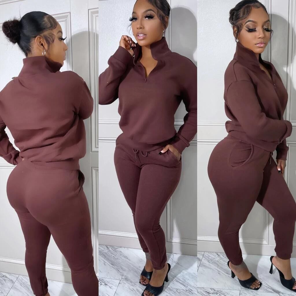 XL / Coffee C1103TA40 Latest Casual Solid Color Zipper Two Piece Pants Set F or Women Sehe Fashion