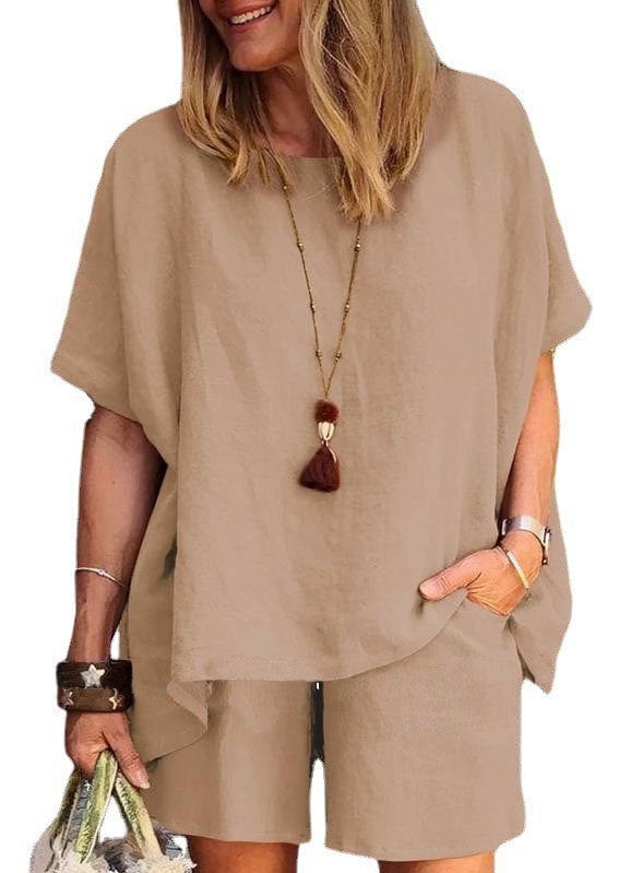 XL / coffee summer plus size women's clothing women linen sleek loose fit short sleeve shorts two piece ladies sets
