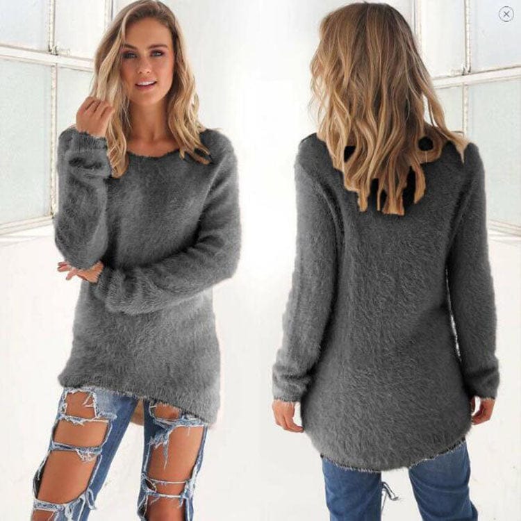 XL / Dark Gray 2022 Fall Fashion Ladies Solid Color Fleece Loose Sweater Top Women Winter Crewneck Long Sleeve Pullover Warm Sweaters for Woman