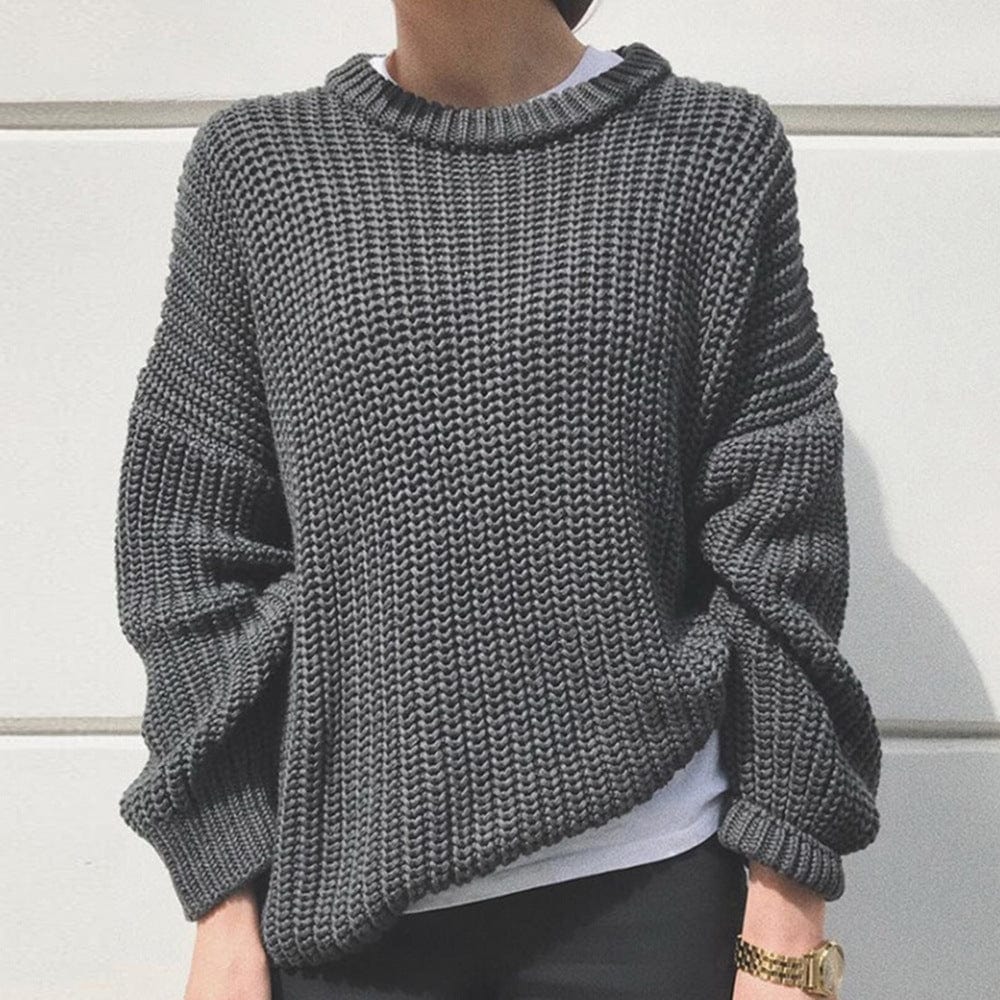 XL / Dark Gray 2022 Women's Clothing Street Casual Loose Solid Color Round Neck Long Sleeve Knitted Sweater Pullover