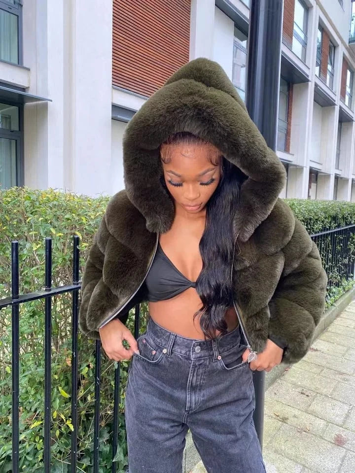 XL / dark green Faux Fur Cropped Top Jacket For Women Fashion Short Style Plus Size Fake wedding white Black Fur Cropped Winter Coat for Lady