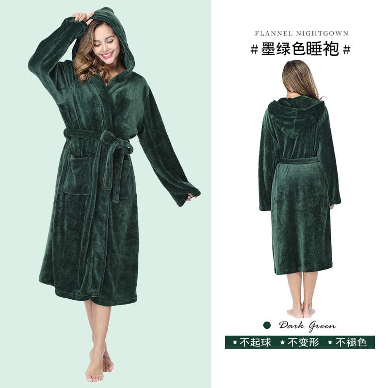 XL / Dark green unisex winter warm soft terry cloth flannel bathrobes women's warm plus size 1 piece long sleeve robe pajama gown for women