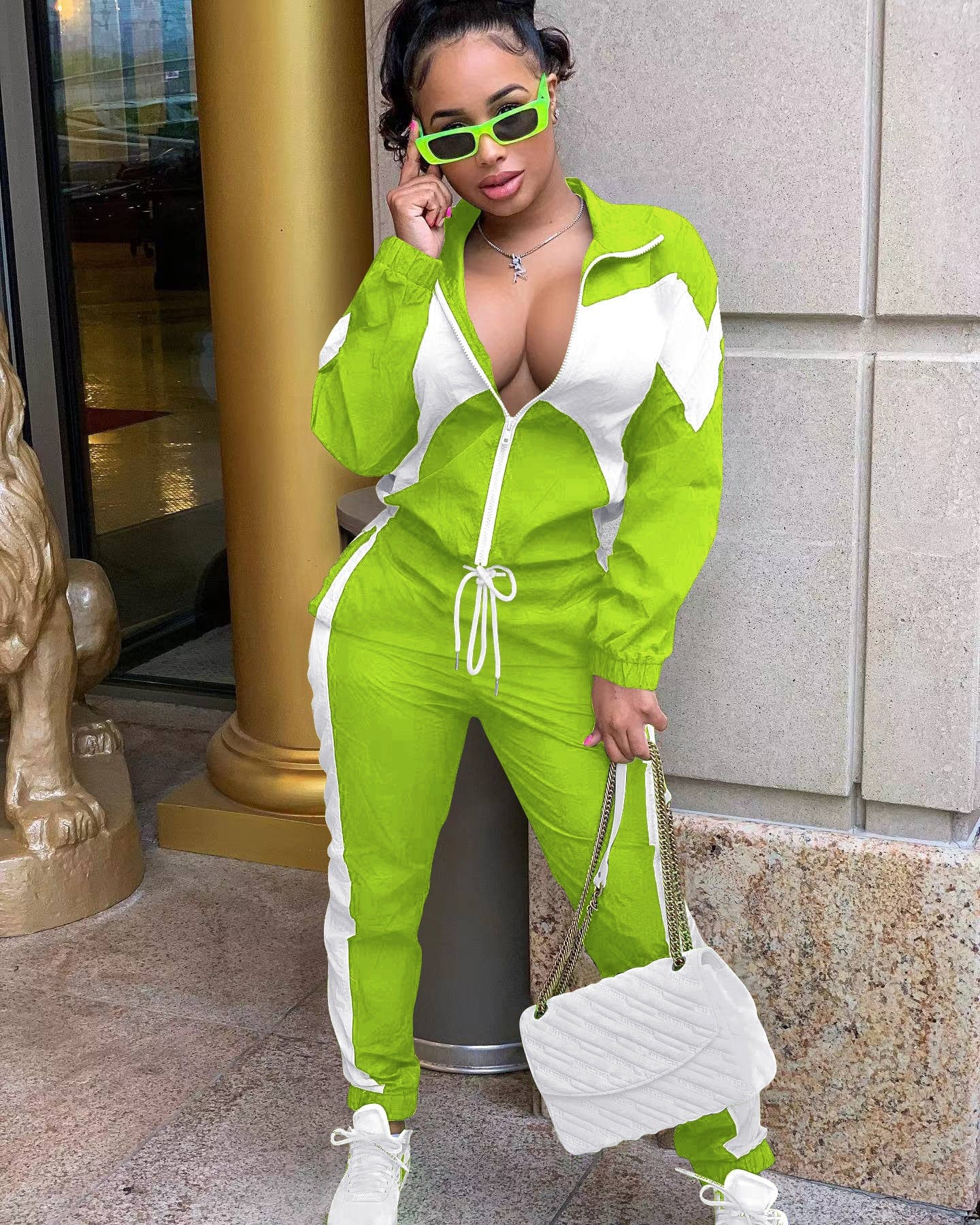 XL / fluorescent green Sharee spring 2023 women s clothing Contrast Color female sweatsuits ladies track suit 2 piece set
